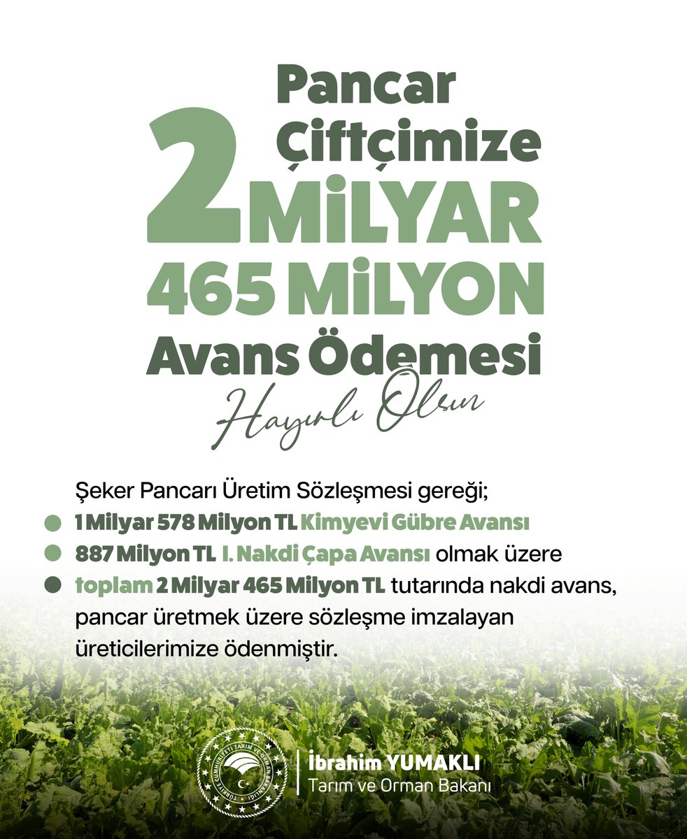 Türkşeker aracılığıyla toplamda 2️⃣ milyar 4️⃣6️⃣5️⃣ milyon TL olmak üzere:

✅ Kimyevi gübre avansı ve 
✅ I. nakdi çapa avans ödemelerini pancar üreticilerimizin hesaplarına aktardık.

🌱 Hayırlı ve bereketli olsun.