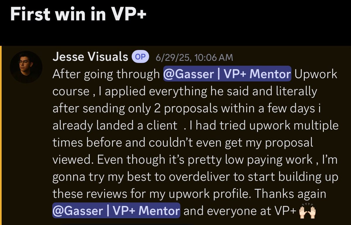 After only a couple days of dropping the upwork course in <a href="/VidProPlus/">Video Production+</a> , @jessevisualss landed his first win not only using upwork but his first win in the entire community since he joined🔥🔥

Check out the link in my profile 👀