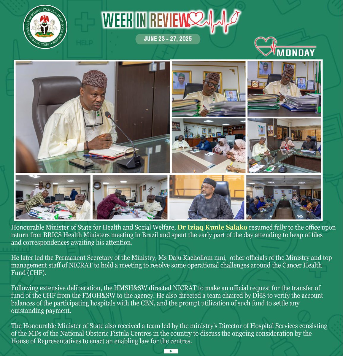 Fmohnigeria's tweet image. From Abuja to Brazil (Technically), Lagos to Ogun — A Week of Impactful Health Leadership!
Honourable Minister of State, @SalakoIziaq hit the ground running — from addressing cancer care funding and obstetric fistula legislation to strengthening malaria vaccine deployment,…