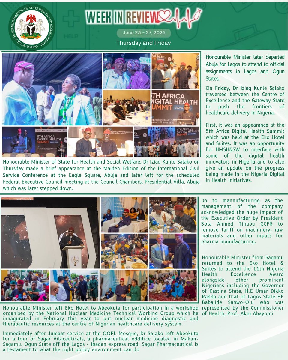 Fmohnigeria's tweet image. From Abuja to Brazil (Technically), Lagos to Ogun — A Week of Impactful Health Leadership!
Honourable Minister of State, @SalakoIziaq hit the ground running — from addressing cancer care funding and obstetric fistula legislation to strengthening malaria vaccine deployment,…