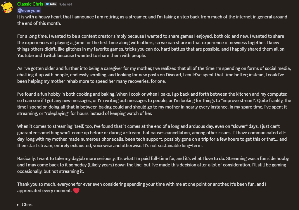 Reqqypoo's tweet photo. For anyone that isn't in the Discord:
I'm retiring as a streamer, and much of the internet.
This Discord post explains it in more detail. https://t.co/zL5BGCeB15