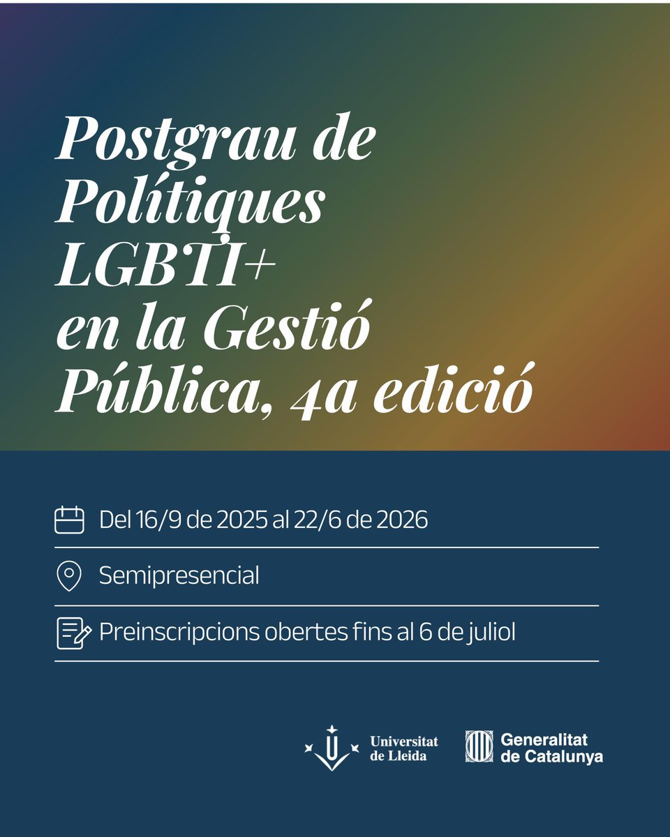 Últims dies per inscriure's a la 4a edició del Postgrau de Polítiques LGBTI en la Gestió Pública que impulsem amb <a href="/UdL_info/">Universitat de Lleida (UdL)</a> i <a href="/eapccat/">EAPC</a> 

🗓 Teniu temps fins el proper 6 de juliol! 
eapc.gencat.cat/ca/detalls/Art…