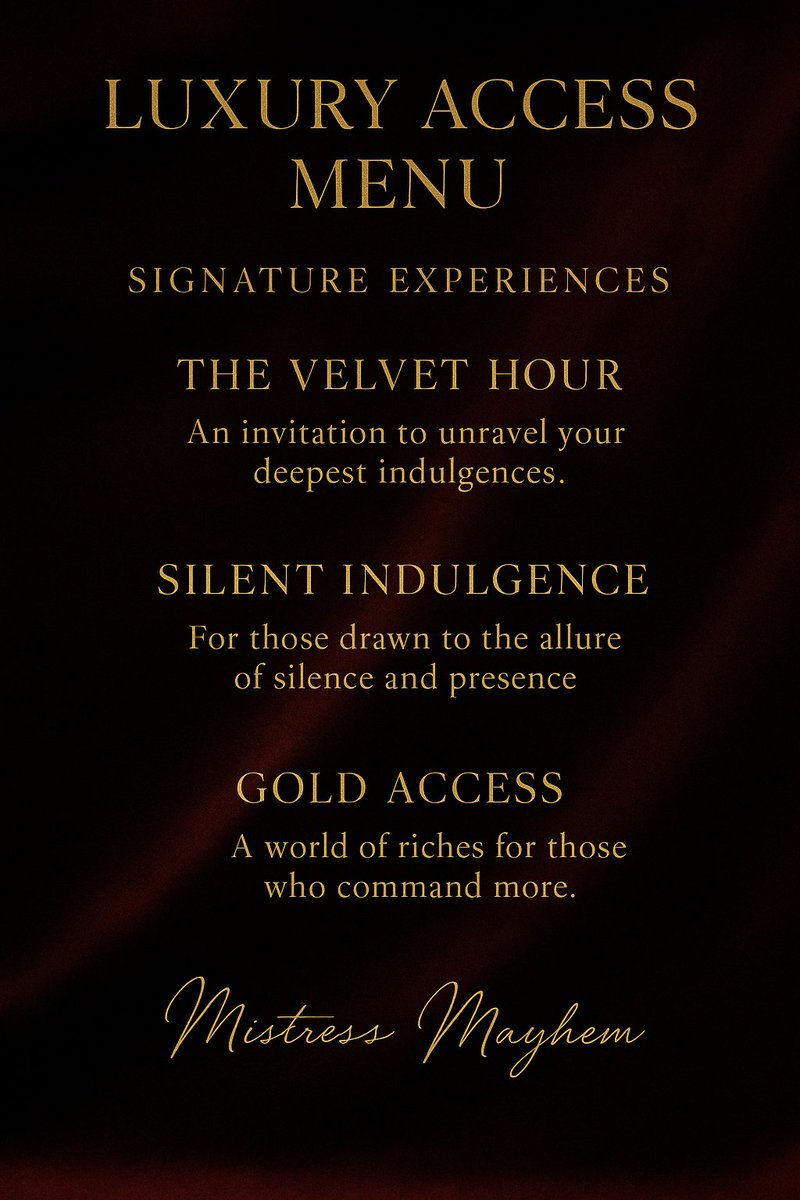MayhemDMistress's tweet photo. The Velvet Hour is not booked. It’s offered.
And only to the bold... Are you bold enough? https://t.co/B2qCOumsf1