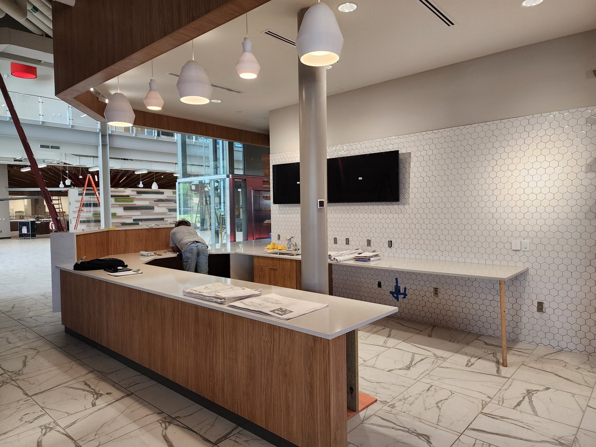 More sneak peeks inside the Campus Commons! These photos show the atrium, dining area, serving area, and coffee shop. A ribbon-cutting ceremony and car raising will be held on July 24 at 10 a.m., as we officially open the doors to this new campus hub!