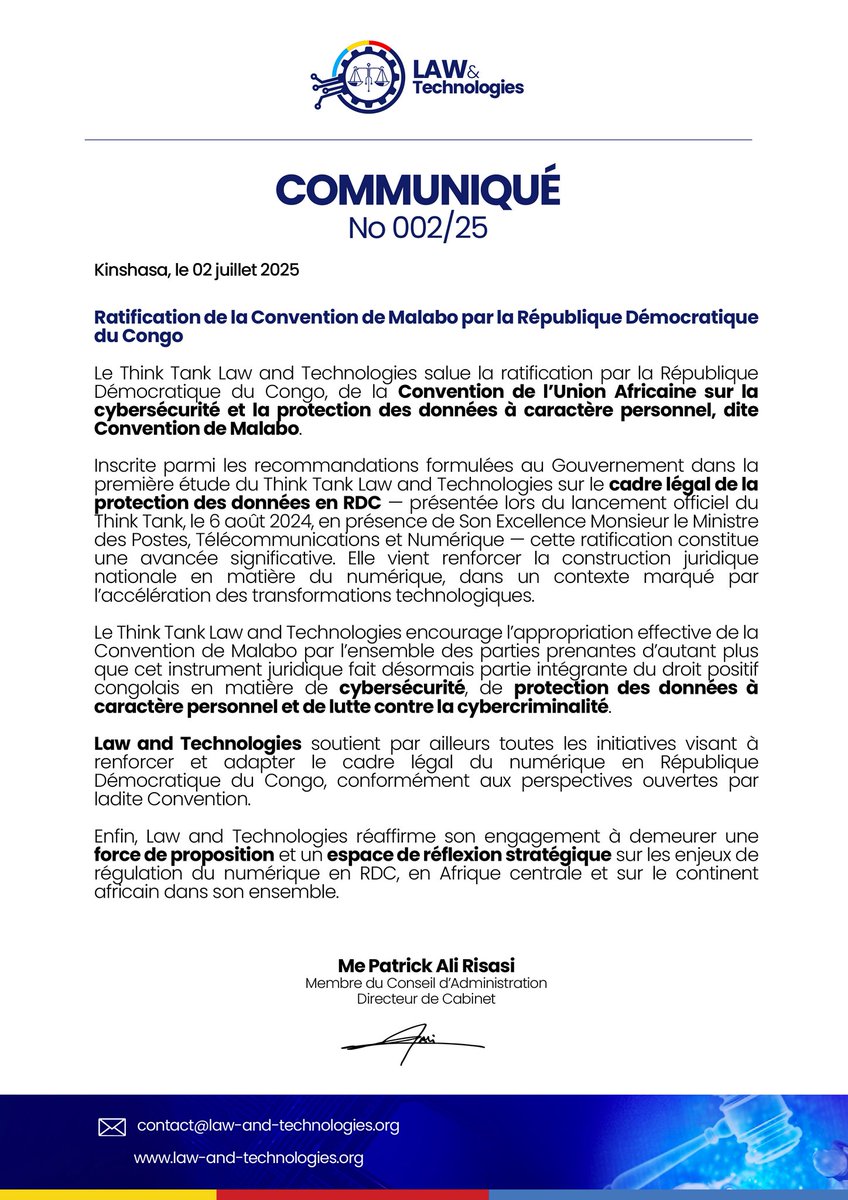 Law_and_Tech_TT's tweet photo. La RDC a ratifié la 𝗖𝗼𝗻𝘃𝗲𝗻𝘁𝗶𝗼𝗻 𝗱𝗲 𝗠𝗮𝗹𝗮𝗯𝗼 sur la cybersécurité et la protection des données personnelles. 

Recommandation portée par 𝐋𝐚𝐰 𝐚𝐧𝐝 𝐓𝐞𝐜𝐡𝐧𝐨𝐥𝐨𝐠𝐢𝐞𝐬, dès son lancement, auprès des autorités sectorielles. 

Une avancée majeure pour le cadre juridique du numérique dans notre pays.

🔎 𝐀̀ 𝐥𝐢𝐫𝐞 𝐝𝐚𝐧𝐬 𝐧𝐨𝐭𝐫𝐞 𝐜𝐨𝐦𝐦𝐮𝐧𝐢𝐪𝐮𝐞́ ⬇️

#LawAndTechnologies #ConventionDeMalabo #Cybersecurité #DonnéesPersonnelles #RDC #Numérique #ThinkTank