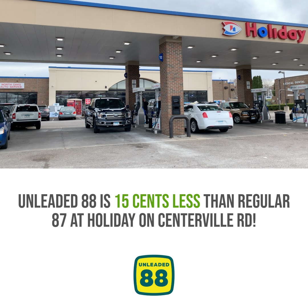 Unleaded 88 is 15 cents less per gallon than regular gas at Holiday at 4540 Centerville Rd in White Bear Lake! Get directions here: bit.ly/4lBCAyi