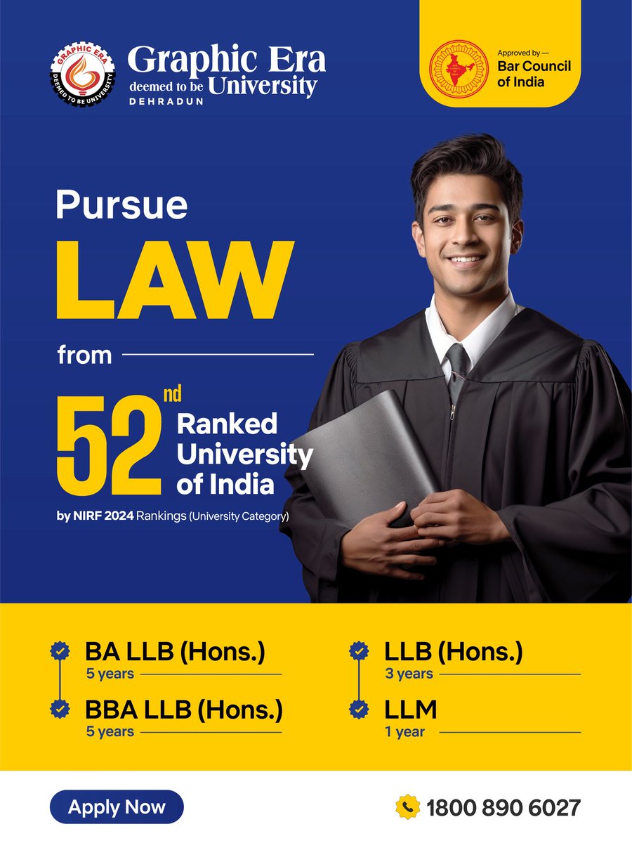 ⚖️ Start your legal career at Graphic Era (Deemed to be University), Dehradun — ranked 52nd in India (NIRF 2024, University Category) and approved by the Bar Council of India.
Explore BA LLB, BBA LLB, LLB &amp; LLM programmes.
🔗 geu.ac.in/law/
#LegalEducation #LLBAdmissions