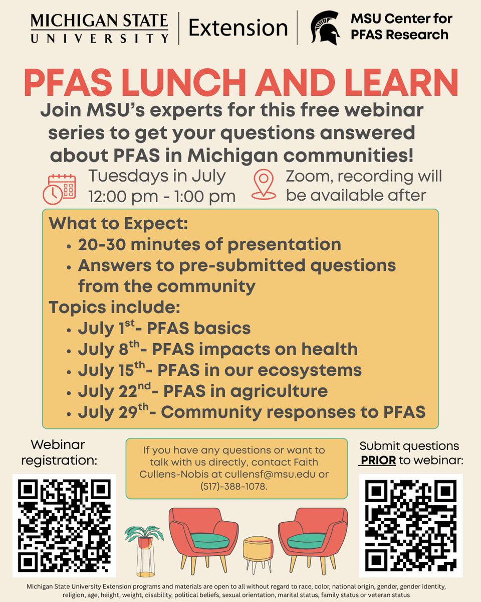 Join us this July for <a href="/MSUExtension/">MSU Extension</a>'s PFAS Lunch &amp; Learn sessions!⚠️🌿 Learn about the 'forever chemicals,' how they impact our bodies and our environment, and what we can do to make a change in our communities!

👉Register Here: bit.ly/3TlxtWL
