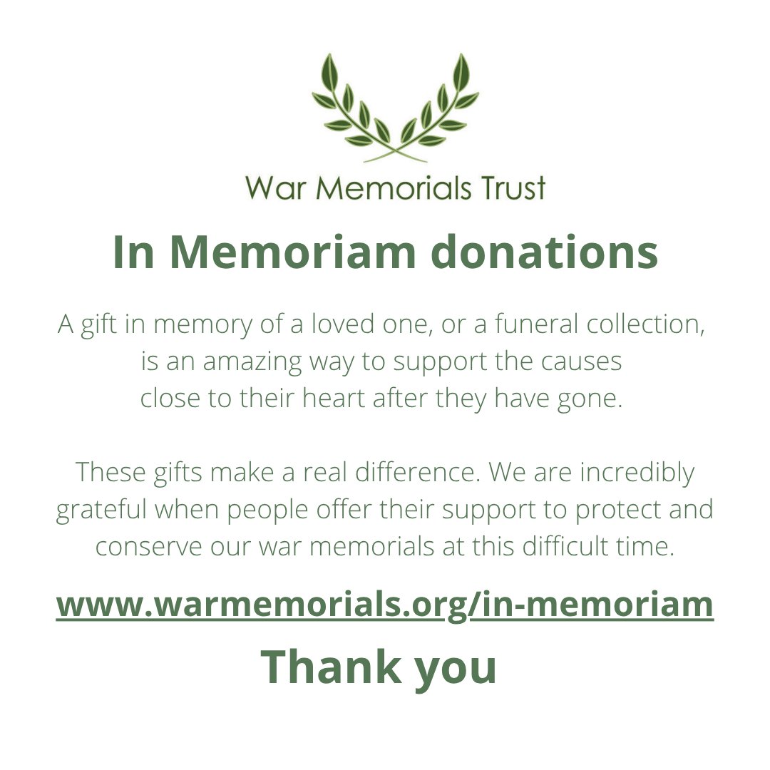 WarMemorials's tweet image. War Memorials Trust is always grateful to receive In Memoriam funeral gifts. We recognise the significance of these and thank all those who give in memory of their loved ones. Those who leave legacies or In Memoriam gifts are currently remembered at warmemorials.org/those-remember…