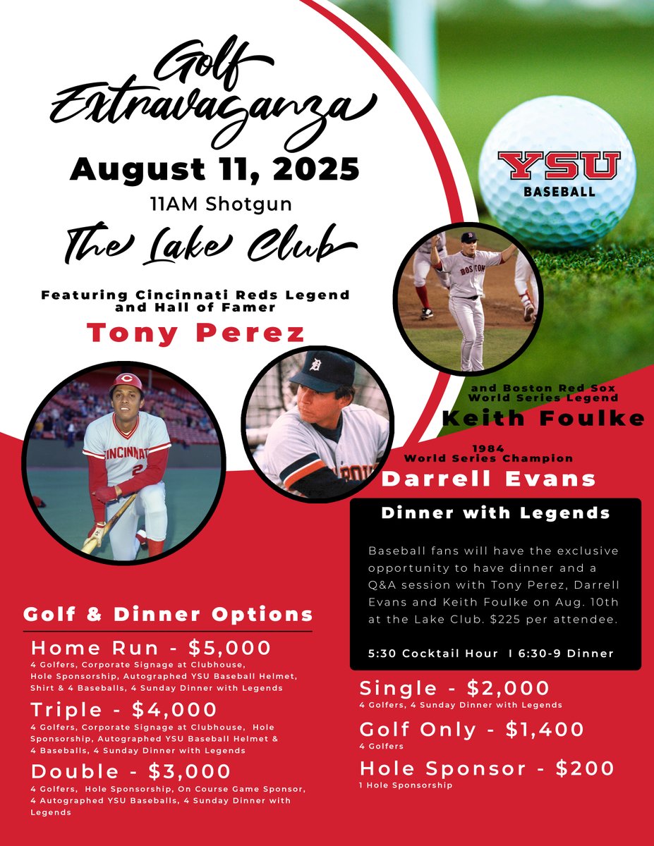 YSU Baseball ๐ง (@ysubaseball) on Twitter photo ICYMI: YSU Baseball to Host ๐ฎ๐๐๐ ๐ฌ๐๐๐๐๐๐๐๐๐๐๐ Featuring Tony Pรฉrez, Darrell Evans and Keith Foulke ๐งโพ๏ธโณ๏ธ
We're excited to host three former World Series champions for two exclusive events at The Lake Club on Aug. 10-11!
๐ฐ: tinyurl.com/2ca6tred
#GoGuins ICYMI: YSU Baseball to Host ๐ฎ๐๐๐ ๐ฌ๐๐๐๐๐๐๐๐๐๐๐ Featuring Tony Pรฉrez, Darrell Evans and Keith Foulke ๐งโพ๏ธโณ๏ธ
We're excited to host three former World Series champions for two exclusive events at The Lake Club on Aug. 10-11!
๐ฐ: tinyurl.com/2ca6tred
#GoGuins