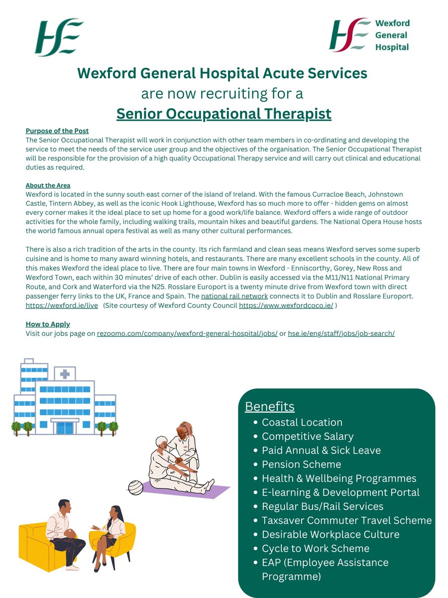 Wexford General Hospital (@wexgenhosp) on Twitter photo Job opportunity! <a href="/WexGenHosp/">Wexford General Hospital</a> as part of <a href="/HSEDubSouthEast/">HSE Dublin and South East</a> Region are recruiting for a Senior Occupational Therapist.
Deadline for receipt of applications is Wednesday, 16th July 2025 @ 15:00 p.m.
Further information can be found @ rezoomo.com/job/82005/ Job opportunity! <a href="/WexGenHosp/">Wexford General Hospital</a> as part of <a href="/HSEDubSouthEast/">HSE Dublin and South East</a> Region are recruiting for a Senior Occupational Therapist.
Deadline for receipt of applications is Wednesday, 16th July 2025 @ 15:00 p.m.
Further information can be found @ rezoomo.com/job/82005/