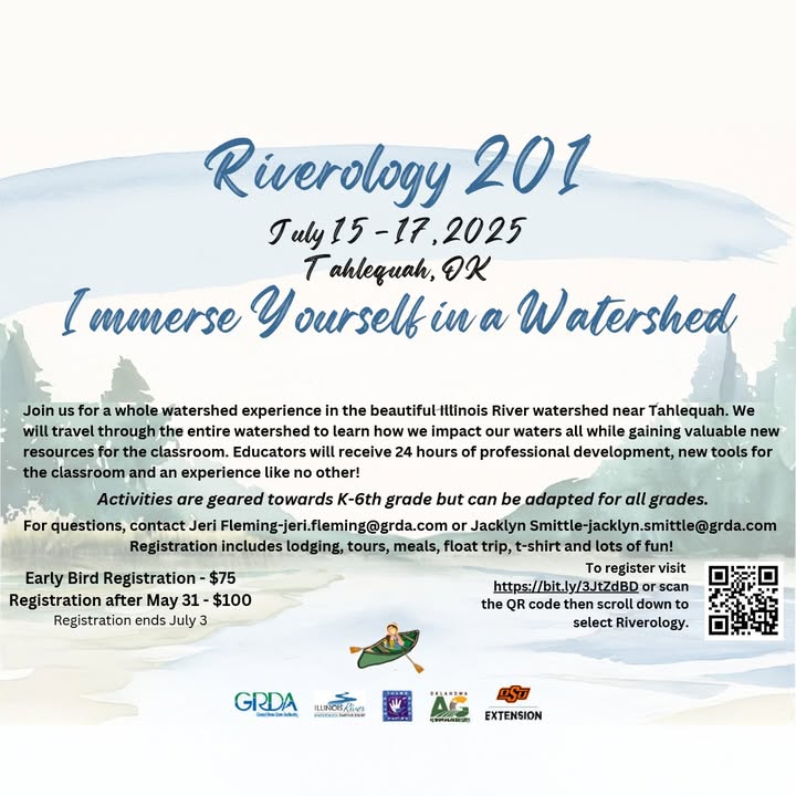 GRDA (@grda_ok) on Twitter photo 📢 Last chance! Registration for Riverology 201 ends tomorrow!
Join us July 15–17 in Tahlequah for hands-on fun on the Illinois River. 🌊
🔗 Register: bit.ly/3JtZdBD
📧 Questions? jeri.fleming@grda.com | jacklyn.smittle@grda.com 📢 Last chance! Registration for Riverology 201 ends tomorrow!
Join us July 15–17 in Tahlequah for hands-on fun on the Illinois River. 🌊
🔗 Register: bit.ly/3JtZdBD
📧 Questions? jeri.fleming@grda.com | jacklyn.smittle@grda.com