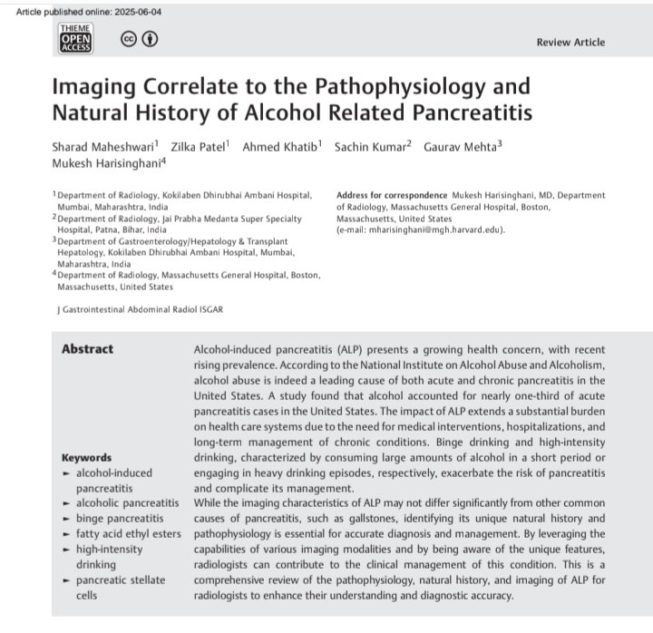 abdo_imaging's tweet image. Our article on Imaging in Alcoholic Pancreatitis
Its unique, as we delve into the #Pathophysiology & #Natural-history of the disease process.
We also talk about #High-Intensity drinking & pancreatic #regeneration, a first for any radiology article on this subject.
@RSNA