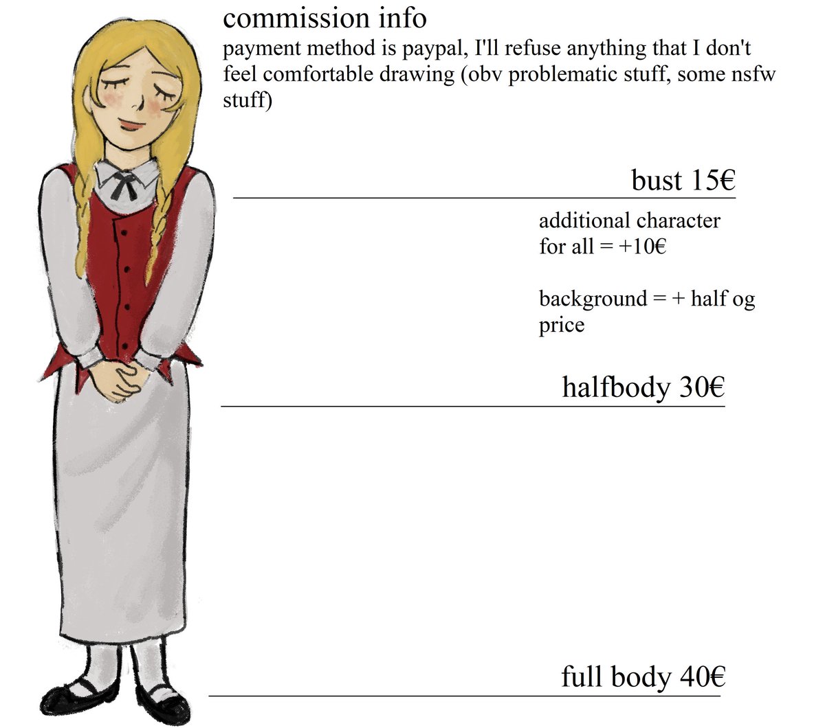 lafantasmagorie's tweet image. remade my commission info sheet!!! I'm opening just 5 spots for now. What you're paying for is a full colored and rendered drawing, dm me if you're interested!!! some infos below