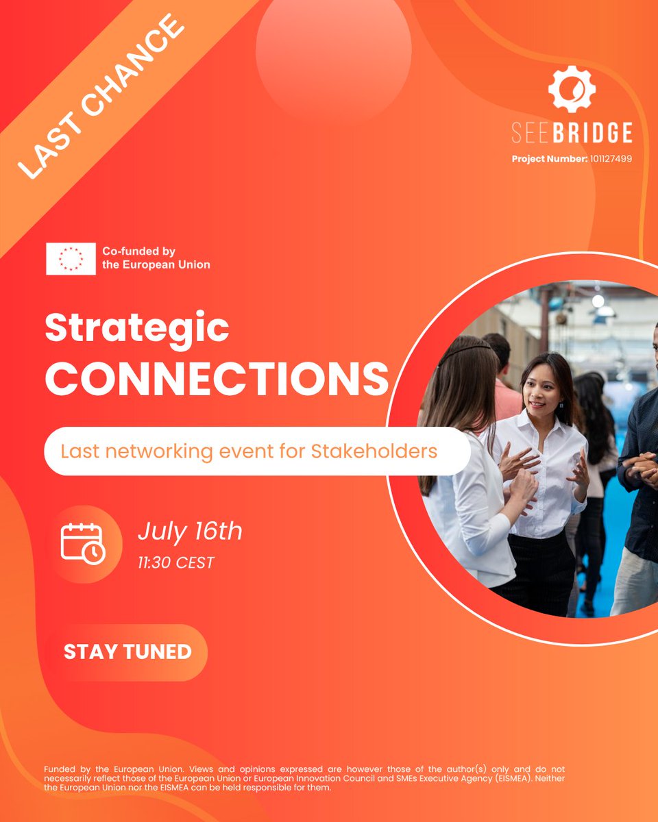 🌉 SEE BRIDGE – Final Event!
One last chance to connect, exchange ideas &amp; explore the future of cross-sector collaboration in energy-intensive industries.
📅 July 16 | 🕥 11:30 CEST | 💻 Online
🔗 fb.me/e/8lE7zyNUV
#SeeBridgeProject #EUInnovation #EuropeanUnion