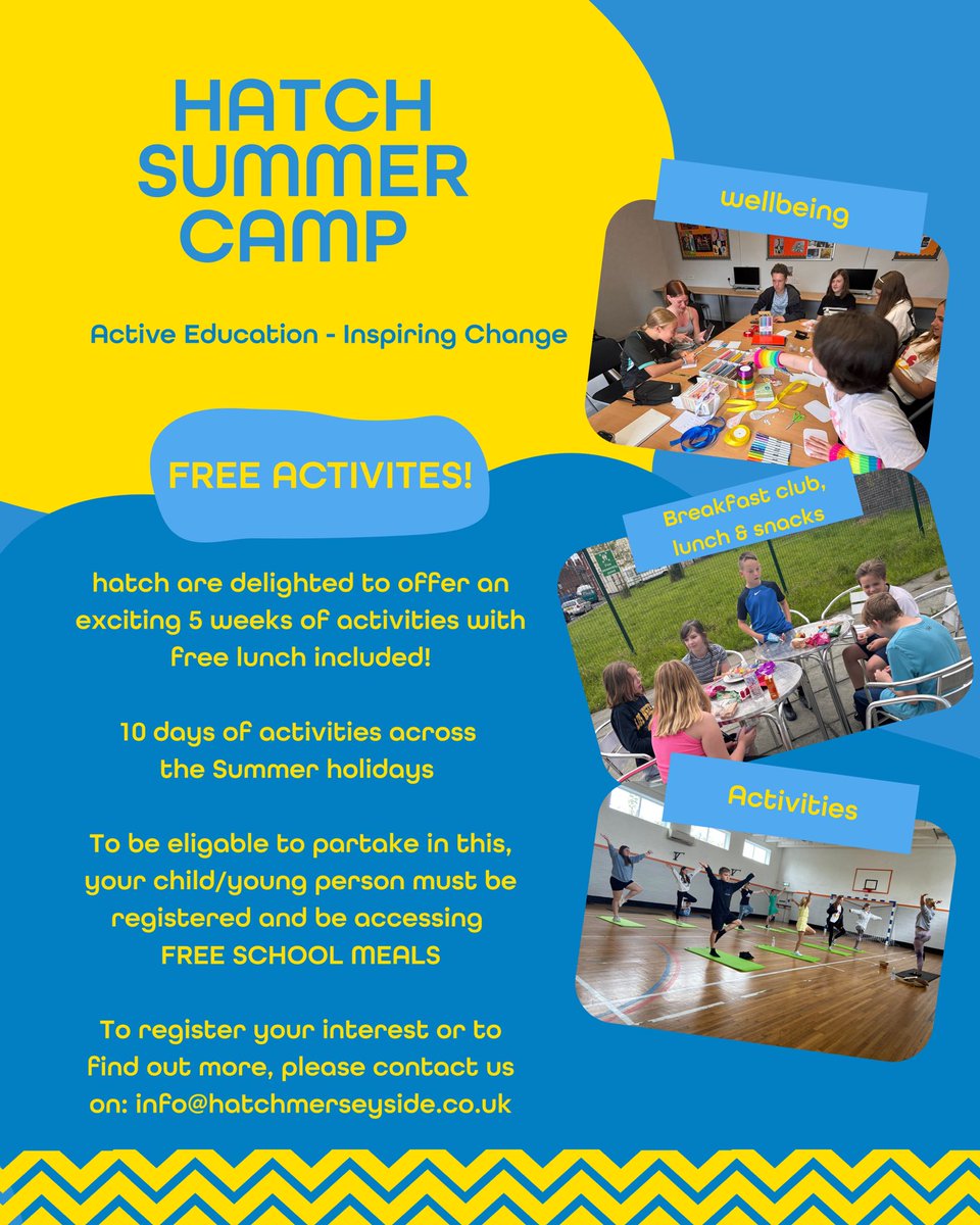 hatch Summer Camp 2025 🩵💛

If your child is registered for FREE SCHOOL MEALS and you would like to find out some more information regarding our Summer Camp this year then please email INFO@HATCHMERSEYSIDE.CO.UK ✨