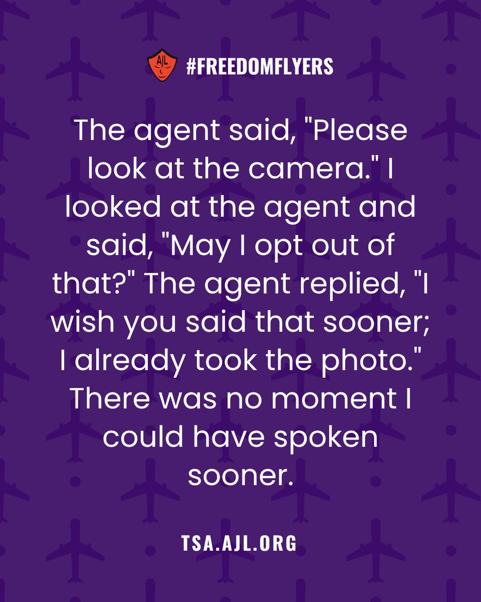 AJLUnited's tweet image. 🗣️ Your voice matters! We need your story about TSA face scans.
It's AJL’s #FreedomFlyers✈️ Week of Action, leading up to an exciting announcement about the data we've collected over the past two years – today is What Consent? Wednesday.
Informed consent matters. Next time…
