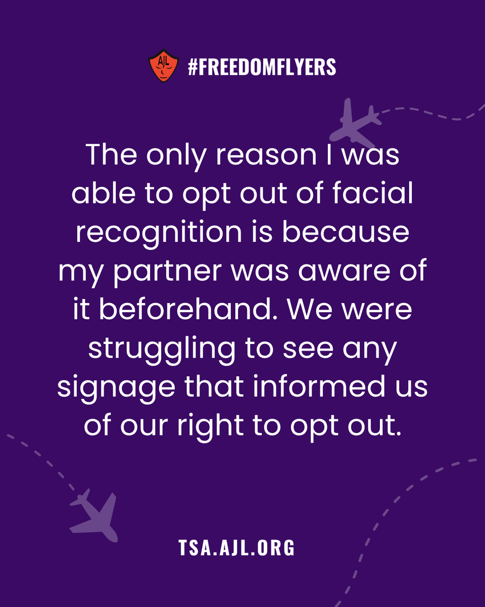 AJLUnited's tweet image. 🗣️ Your voice matters! We need your story about TSA face scans.
It's AJL’s #FreedomFlyers✈️ Week of Action, leading up to an exciting announcement about the data we've collected over the past two years – today is What Consent? Wednesday.
Informed consent matters. Next time…