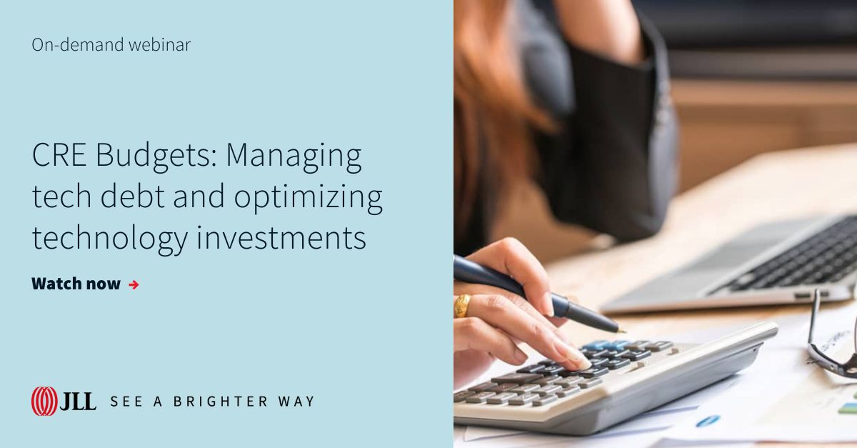 JLL Technologies (@jlltechnologies) on Twitter photo ICYMI, watch our on-demand webinar, CRE budgets: Managing tech debt and optimizing technology investments. 
Our experts provide insights on how to cut down on hidden costs and improve the broader business benefits associated with CRE technology usage.
🎥 co.jll/4lDR4Ob ICYMI, watch our on-demand webinar, CRE budgets: Managing tech debt and optimizing technology investments. 
Our experts provide insights on how to cut down on hidden costs and improve the broader business benefits associated with CRE technology usage.
🎥 co.jll/4lDR4Ob