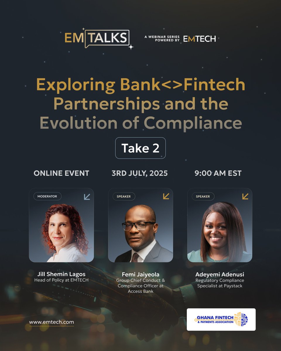 🔥Coming up! 
Tomorrow, Thursday July 3 join us for a special educational webinar on best practices for managing hashtag#compliance, risk, partnerships and hashtag#fintech ops.

🗓️ Thursday, July 3 | 1PM GMT
Femi Jaiyeola, Group Chief Conduct &amp; Compliance Officer, Access Bank PLC