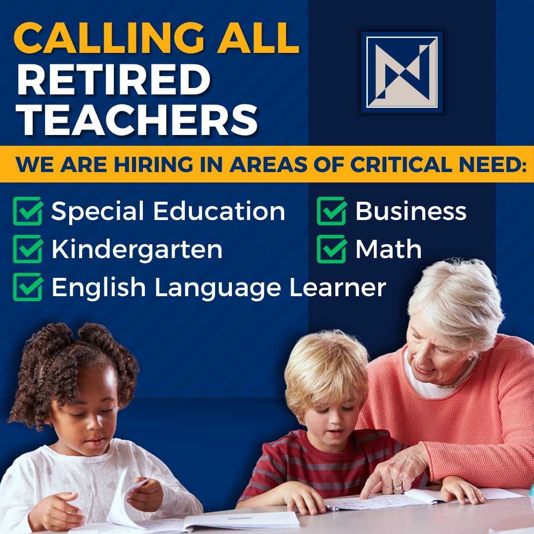 NKCSchools's tweet image. 📣Retired teachers, we need you! Return full-time with full salary, benefits, & PSRS retirement and teach in our areas of critical need: Special Education, Math, ELL, and Business. Bring your passion back to the classroom! Apply now: nkcschools.org/careers