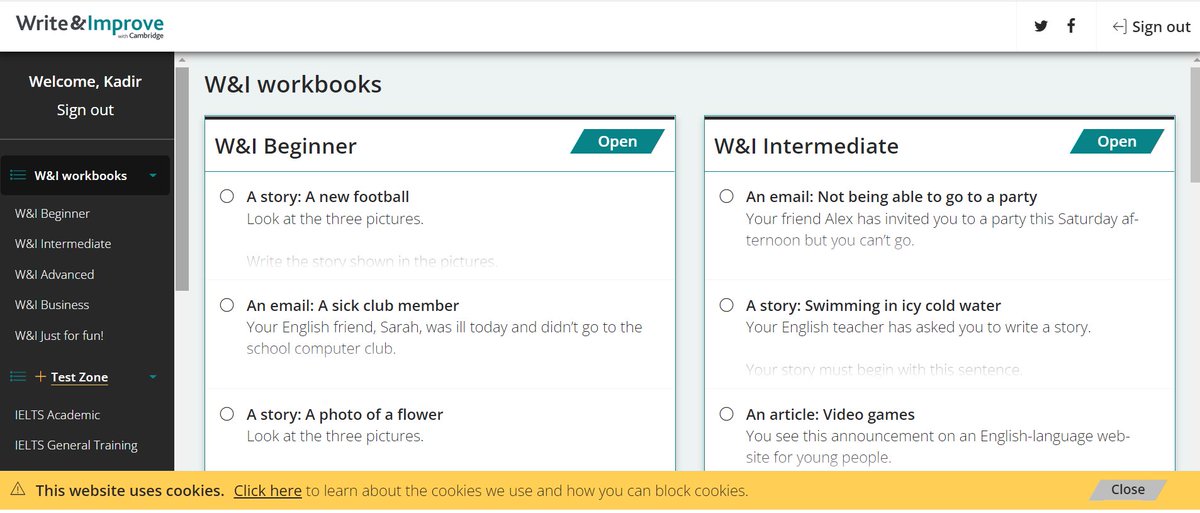 İngilizce yazı yazma pratiği yapmak için harika bir site! 
Cambridge'in "Write and Improve" sitesinde yüzlerce farklı konuda yazmamız isteniyor, otomatik feedbackler veriyor site, ayda bir mail atıyorlar şunlara şunlara dikkat et diye.
Kesinlikle istifade edilmeli!