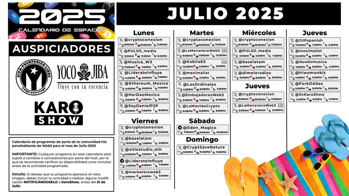 ¡LLEGA EL CALENDARIO DE 3SPACIOS🎙️PARA JULIO 2025!  

¿Falta tu evento o notas algo fuera de lugar? ¡Tranquilo/a! Tienes hasta el 31 de julio para proponer ajustes o incluir tu espacio.  

NOTA CLAVE: Seguimos actualizando manualmente por ahora. ¡Agradecemos tu comprensión! Este