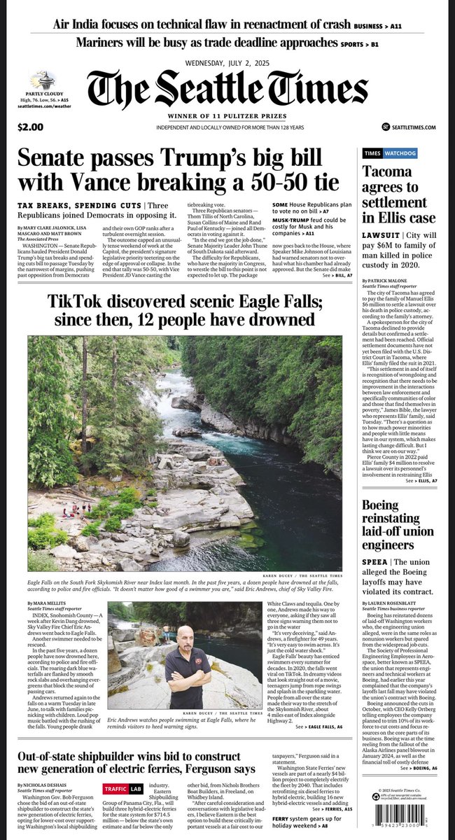 My story on the 12 people dead in five years at Eagle Falls is A1 today. Read more online here: seattletimes.com/seattle-news/t…