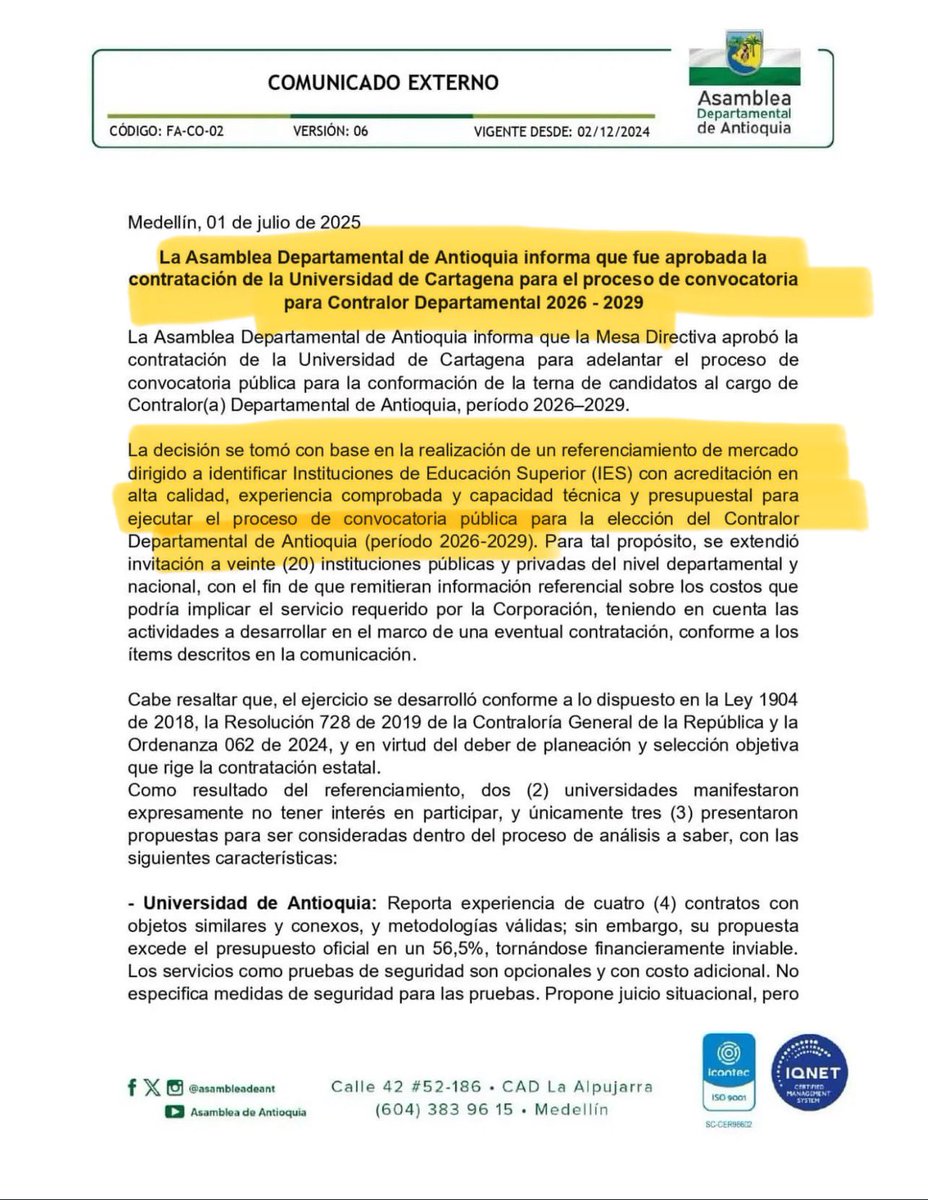 #ATENCIÓN🚨| La Asamblea de Antioquia contrató por más de 100 millones a la Universidad de Cartagena para elegir al nuevo contralor del departamento, dizque porque las universidades de Antioquia no tienen experiencia.

Según ellos, ni el Politécnico, ni el Tecnológico, ni