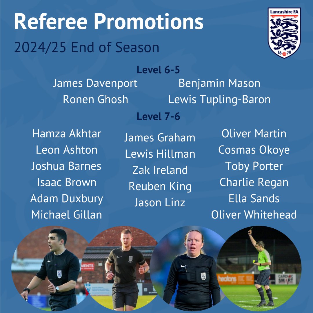 We're delighted to announce the Lancashire FA End of Season Match Official promotions across all levels of the game. 👏

Massive congratulations to everyone who has gained promotion! 🥳