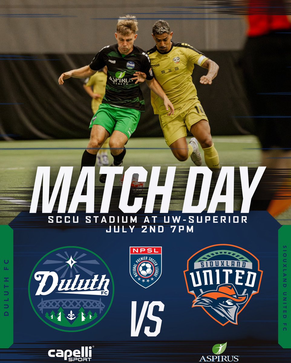 Match day ‼️🔥 The BlueGreens host Siouxland United FC for the last regular season game! The winner of the game wins the North Conference regular season title and will play the playoff games at HOME🔥🔵🟢 Let’s go BlueGreens!!! 🔥

Tickets available! Link: linktr.ee/duluthfc