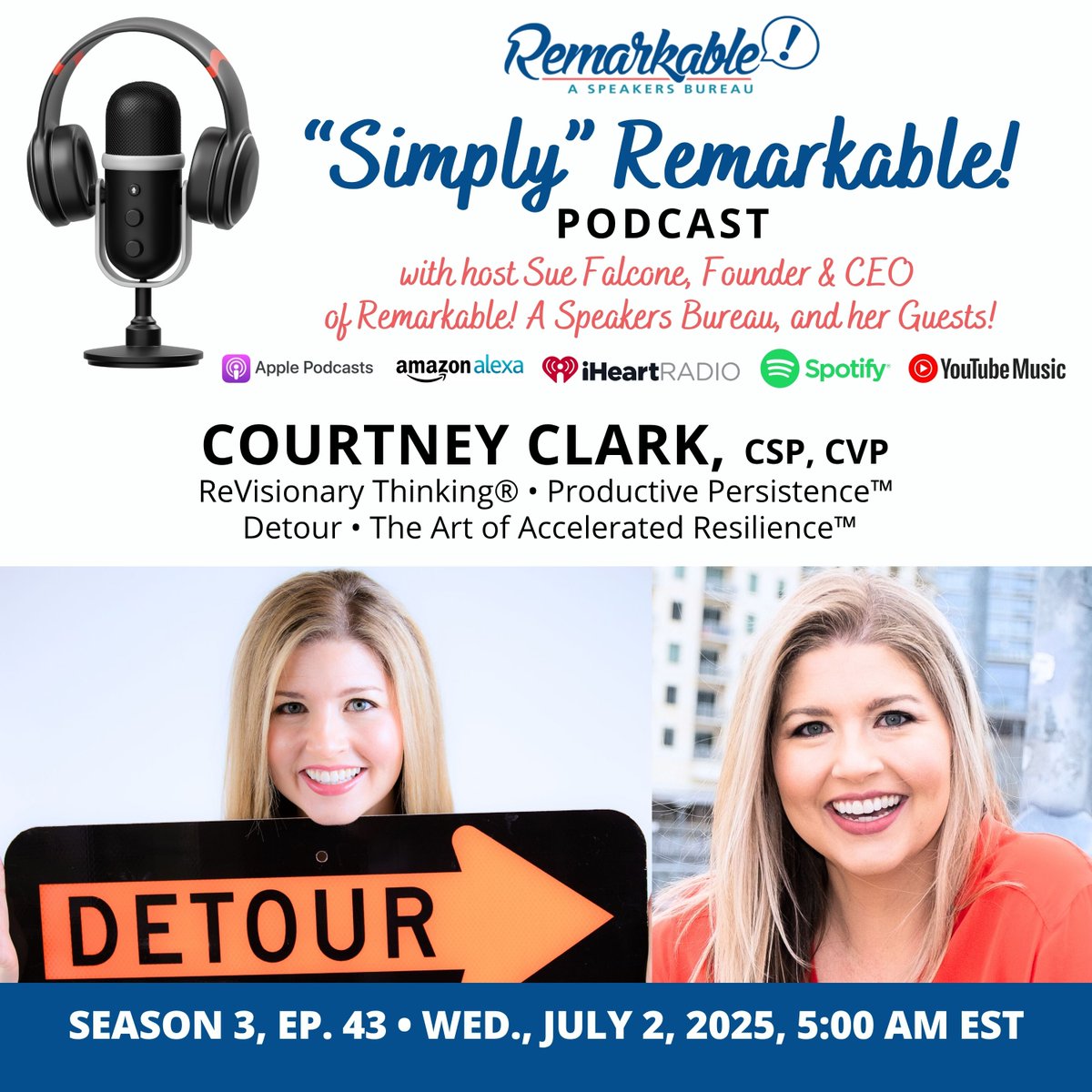 🎙️ NEW Simply Remarkable Podcast Episode: "Adapt Faster. Achieve More." with Courtney Clark!

🔥 Now streaming everywhere!

Missed the live show? Catch the full replay of Sue Falcone’s powerful conversation with Courtney Clark—resilience expert, bestselling author, and