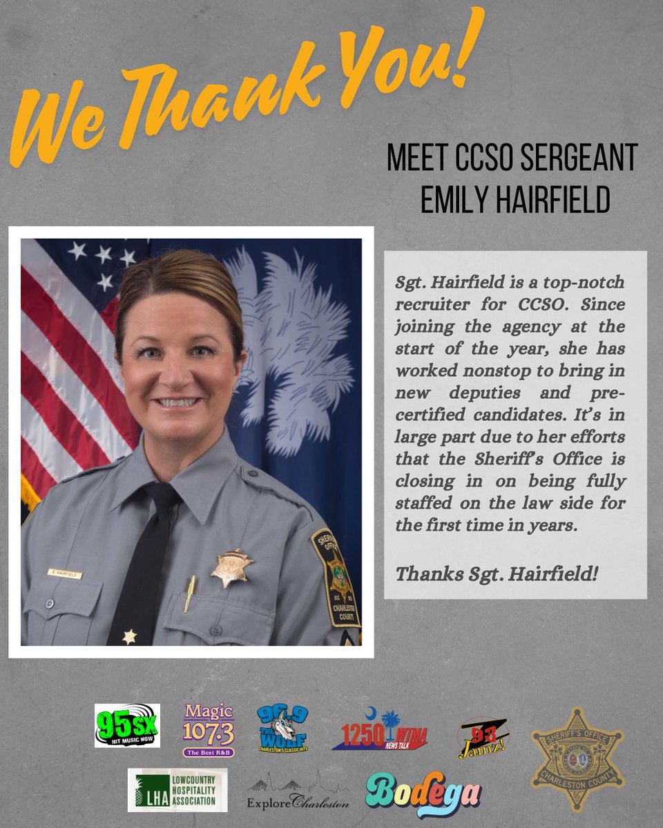 1073Magic's tweet image. The Lowcountry Hospitality Assoc., Explore Charleston, Bodega, &amp;amp; the Charleston County Sheriff's Office are joining forces for the 'We Thank You' Campaign. The 'We Thank You' Team winner for June is the Victim Services Unit and the Individual winner is Sgt. Emily Hairfield.
