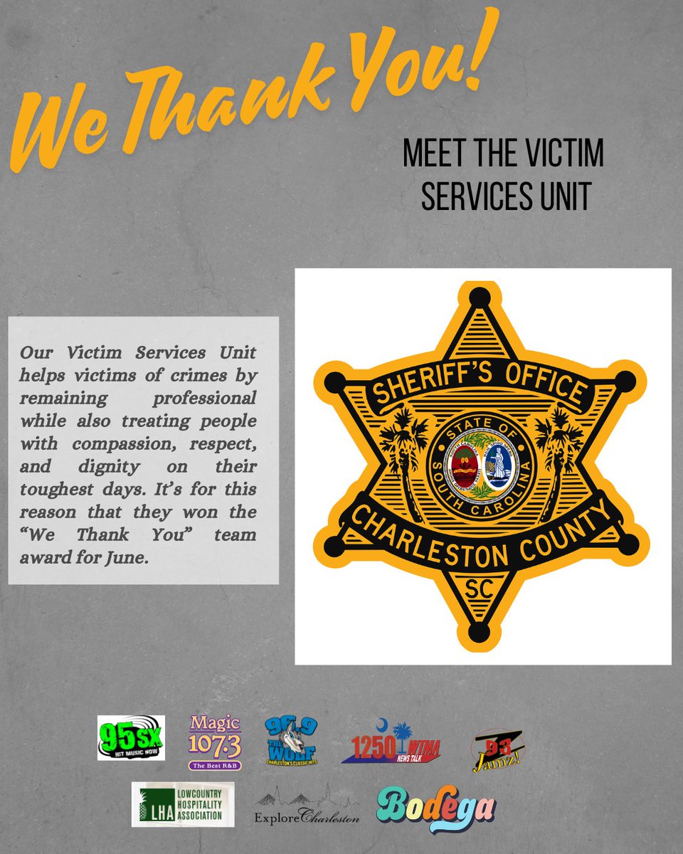 1073Magic's tweet image. The Lowcountry Hospitality Assoc., Explore Charleston, Bodega, &amp;amp; the Charleston County Sheriff's Office are joining forces for the 'We Thank You' Campaign. The 'We Thank You' Team winner for June is the Victim Services Unit and the Individual winner is Sgt. Emily Hairfield.
