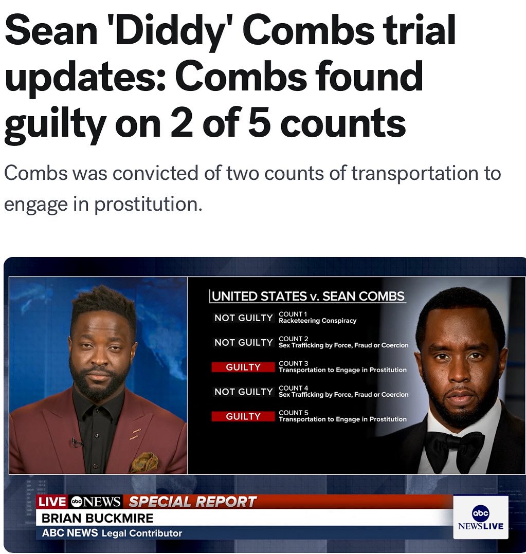 BREAKING NEWS Sean ‘Diddy’ Combs trial - Combs found guilty on 2 of 5 counts 💀😳

Combs was convicted of two counts of transportation to engage in prostitution.  

He was found not guilty of sex trafficking Cassie and Jane and the jury could not reach a verdict on Count 1