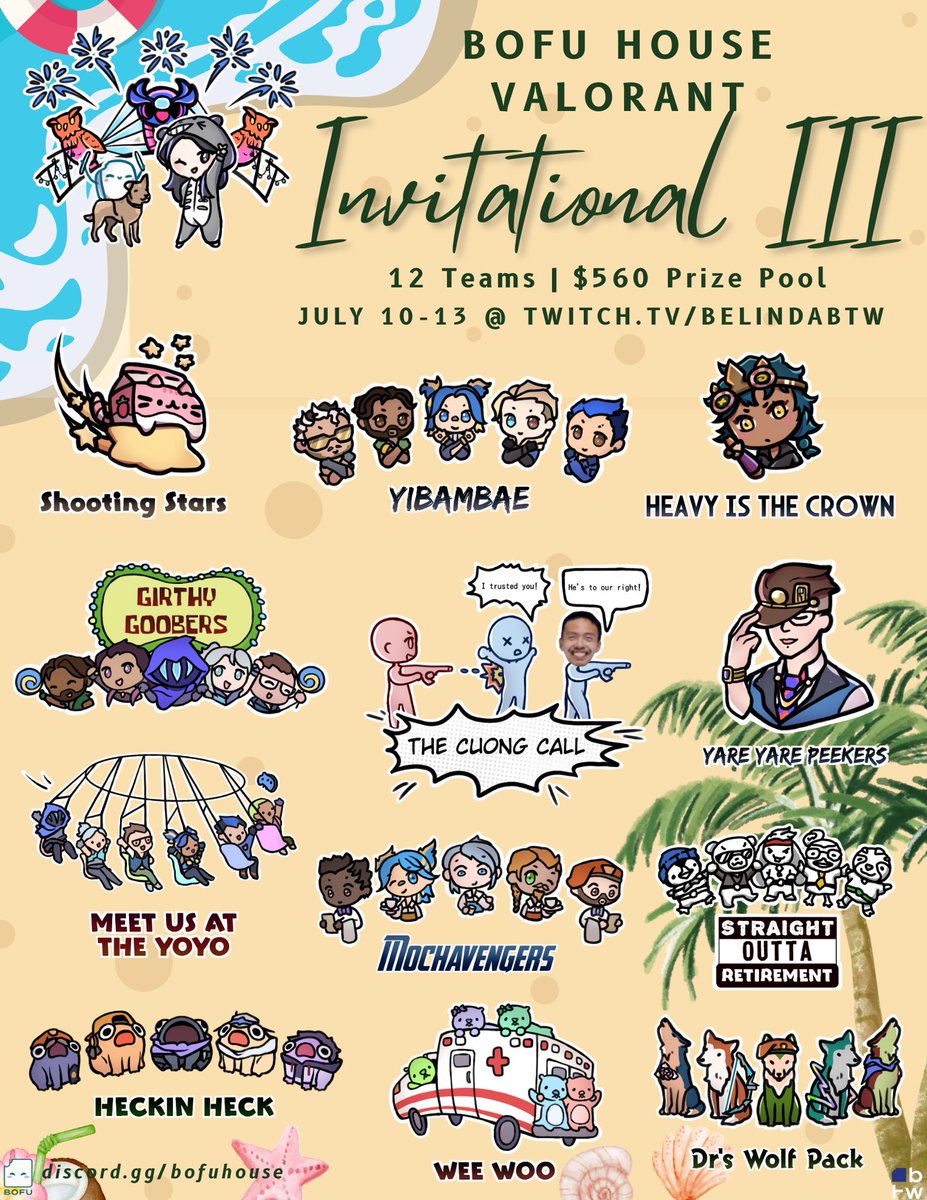Introducing the 12 teams competing in the Bofu House Valorant Invitational III 🎉

July 10-13 at twitch.tv/belindabtw

Team logo designs by <a href="/quacaketm/">olivia</a> 💕