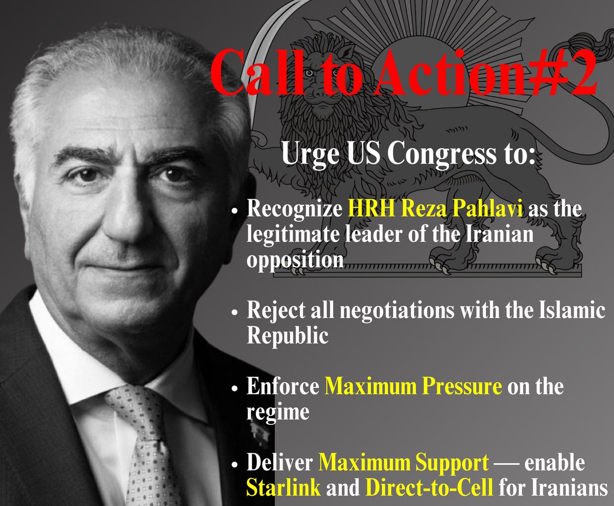 🚨 Urgent Action 2: Contact US Congress re:
#MaximumPressure
#MaximumSupport
no sanctions relief
support Prince Reza Pahlavi
🚨

Using the website above, find your rep and senators, send the email, and then make a call:

🔗 House:
actionforiran.com/support-irania…

🔗 Senate: