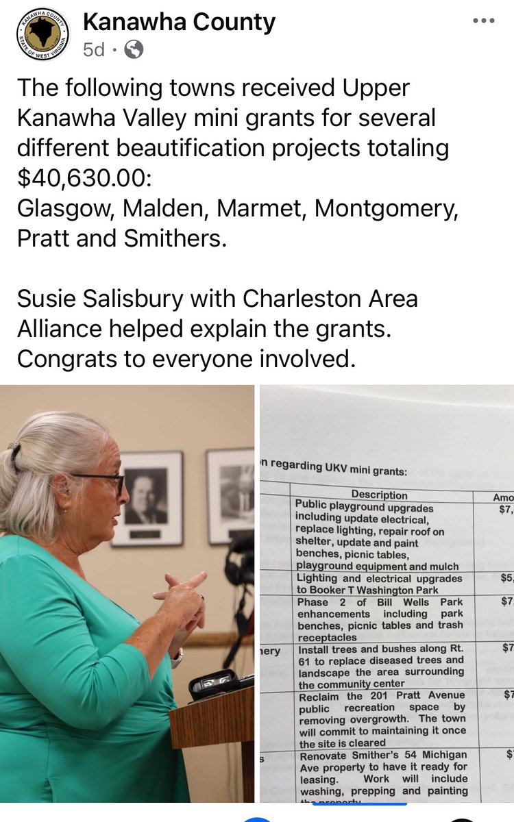 TresaHowell4WV's tweet image. Information on community projects that will be happening in the UKV. Many thanks to all of the work and help from the Charleston Area Alliance and County Commission.
Screenshots of a Facebook post from the Kanawha County Commission.