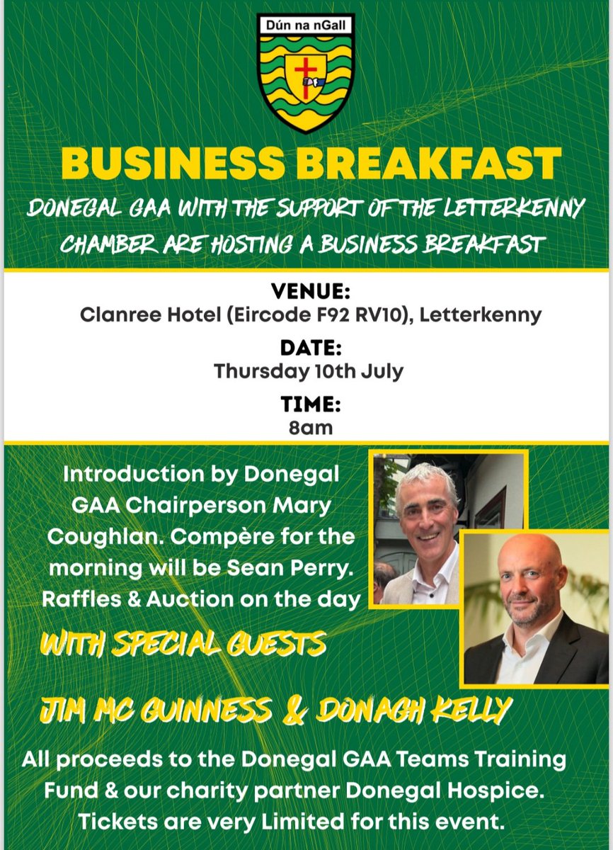 💛💚Donegal GAA, with the support of the Letterkenny Chamber will host a Business Breakfast in the Clanree Hotel (F92 RV10), Letterkenny on Thursday 10th July @ 8am with Jim McGuinness &amp; Donagh Kelly (Circet Group) as Special Guests. Limited tickets 
 member.clubspot.app/club/donegalga…