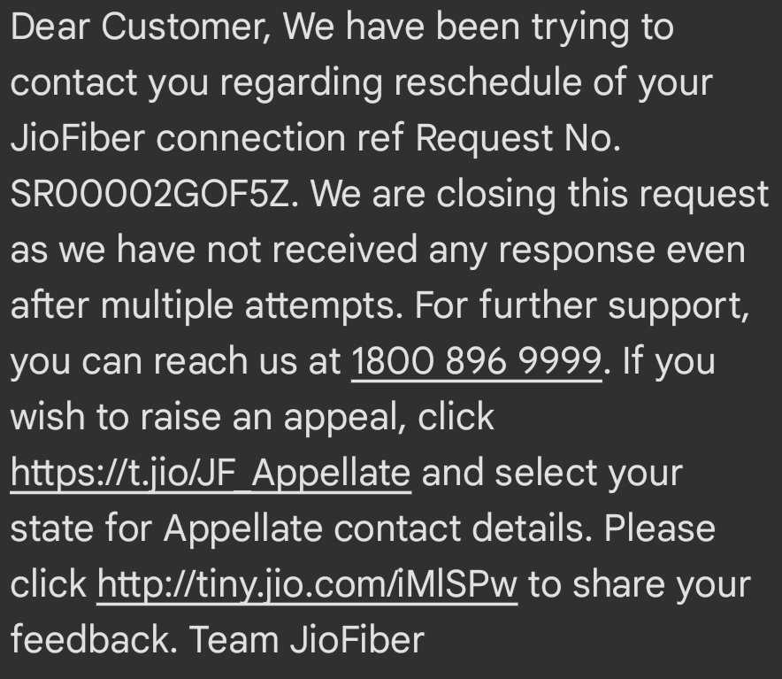RailParcelHelp's tweet photo. Complaint on @JioCare My Jio App on 28/06/2025 for Fiber, allot repair Ajay on 30th for 01/07/2025 app asked me to reschedule i did next day same thing which is today i did it Now they have closed my complaint saying we were unable to contact @reliancejio 5 days without paid net https://t.co/E6jdsy01Vv