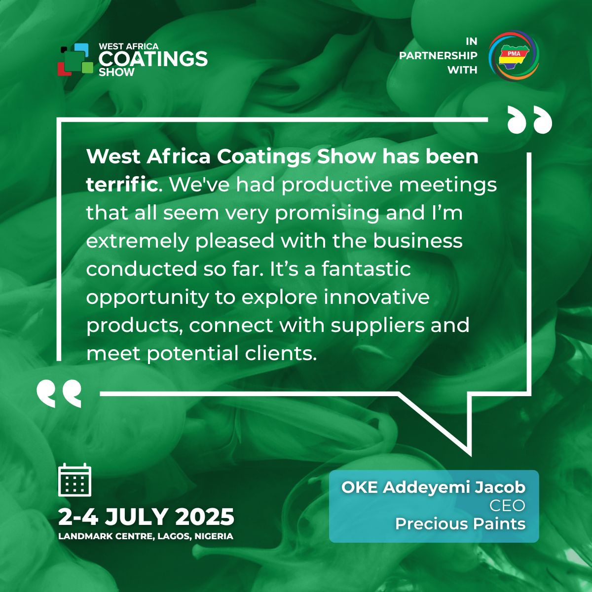 🌟 Industry leaders are raving about #WACS!

Join us for Day 2 tomorrow - open from 10 AM - 5 PM at Landmark Centre, Lagos!

📅 July 2-4, 2025 📍 Landmark Centre, Lagos

Get your FREE badge 👉 westafricacoatingsshow.com/LI-Register

#Coatings