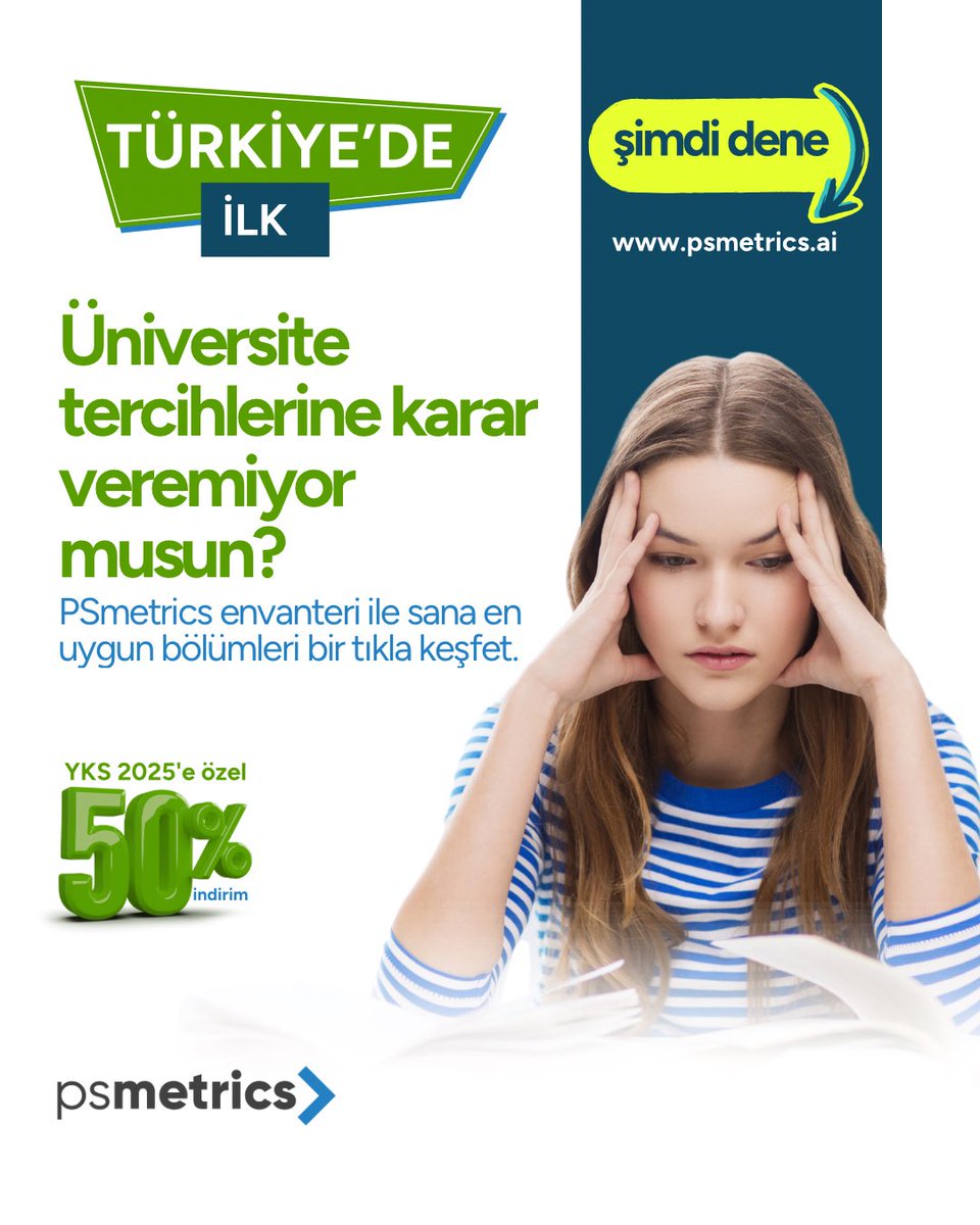 Üniversite tercihleri seni bunaltıyor mu? 😟 Merak ettiğin bölümleri PSmetrics’e girerek rotanı çizmenin tam zamanı! 🚀

Geleceğini şekillendirirken yapay zeka desteğini yanına al. Sadece bir tıkla, sana en uygun bölümleri keşfederek doğru tercihe ulaşmanın rahatlığını yaşa.🥳
