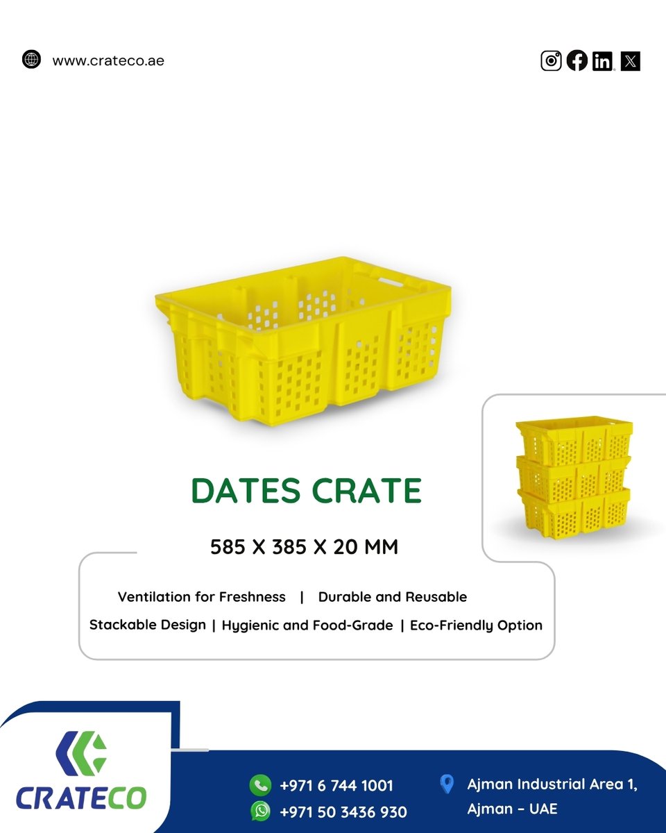 CratecoPack's tweet photo. Keep Dates Fresh &amp; Safe!
.
Our Dates Crate (585 x 385 x 20 mm) is perfect for handling and storing dates with care.
.
CRATECO PACK LLC,  https://t.co/jImzIv8zQB
.
📞 +971 6 744 1001 |+971 50 3436 930
📍 Ajman Industrial Area 1, Ajman UAE
.
#datescrate #durablecrates https://t.co/5EZ3S9wxvG