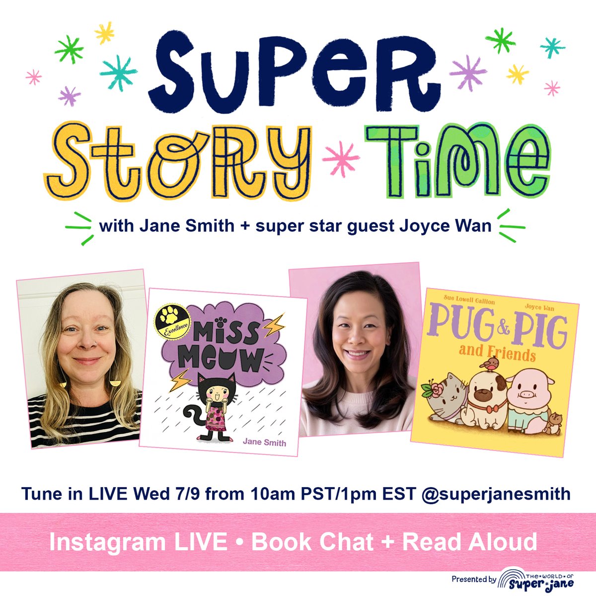🎉📚 MARK YOUR CALENDARS: #SuperStoryTime LIVE is back in 1 week on WED 7/9 at 1pm EST on IG! Rock star author-illustrator <a href="/joycewanbooks/">Joyce Wan</a> will be joining me 4 a fun #bookchat + dual #storytime #readaloud! 💖 #kidlit #authorreading #booktwitter #childrensbooks #bookstoread #books