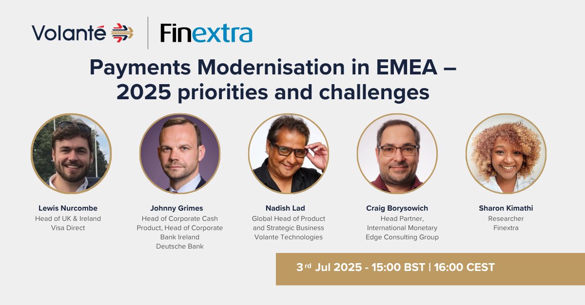 🔜 LIVE on July 3: What are the top #payments modernisation priorities across EMEA in 2025?

Join experts from <a href="/DeutscheBank/">Deutsche Bank</a>, <a href="/Visa/">Visa</a>, @VolanteTech + more
🗓️ 3 July | 15:00 BST/ 16:00 CEST
📊 Insights from Volante's new survey

👉 Register: eu1.hubs.ly/H0lslxm0
#Payments #EMEA