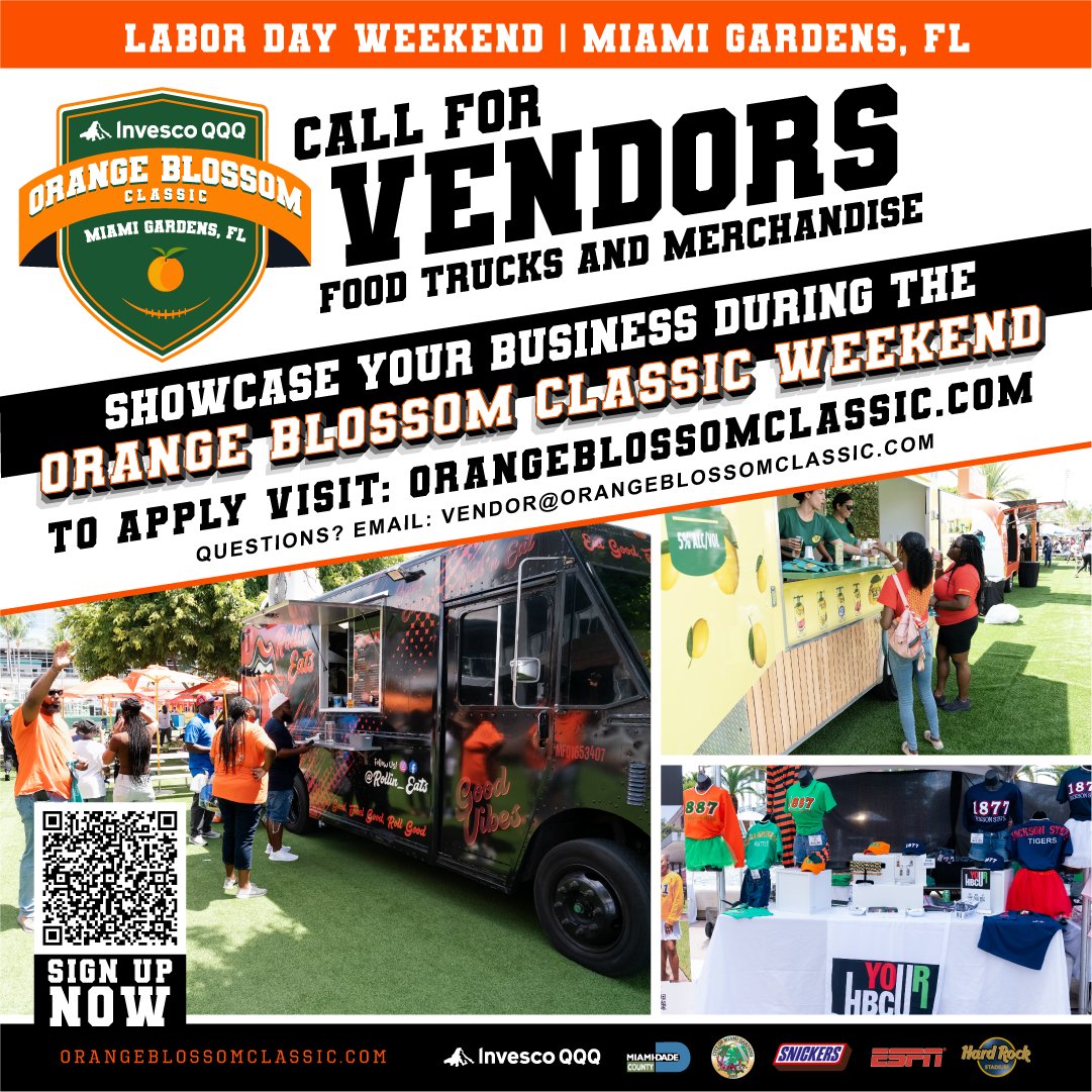 orangeblossomfc's tweet photo. ๐จ Calling all small business owners.
Be part of the 2025 #InvescoQQQ Orange Blossom Classic weekend! From Fan Fest to official events, itโs your time to connect with the HBCU community.
Apply now: ๐ https://t.co/i0yHtqUnVo
@InvescoUS
#OBC2025 #OneBigCommunity #BuiltonHistory #FueledbyPride #HBCUWeekend