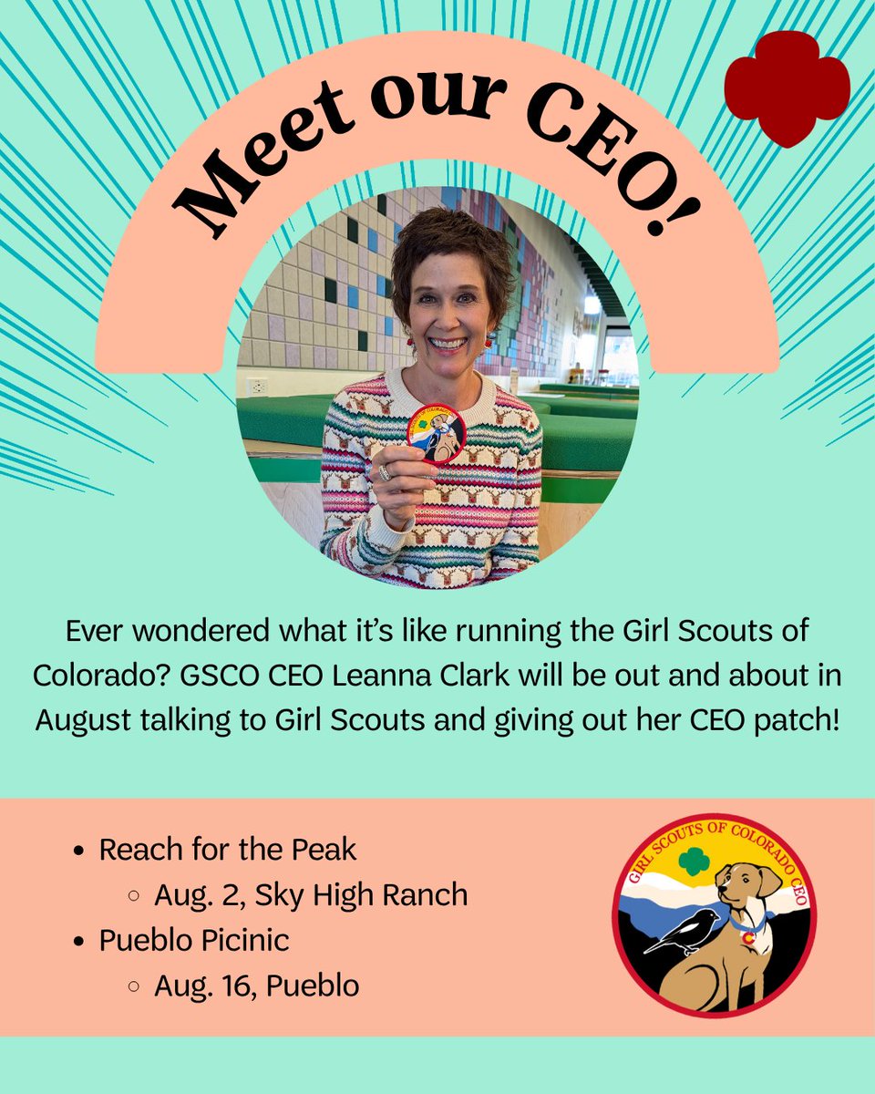 Meet the woman leading Girl Scouts of Colorado! 🌟 CEO Leanna Clark is hitting the road this August to meet Girl Scouts and hand out her official CEO patch! Catch her at Sky High Ranch or in Pueblo! Register through our event calendar. 💚 Link in bio!
#GirlScouts #MeetTheCEO