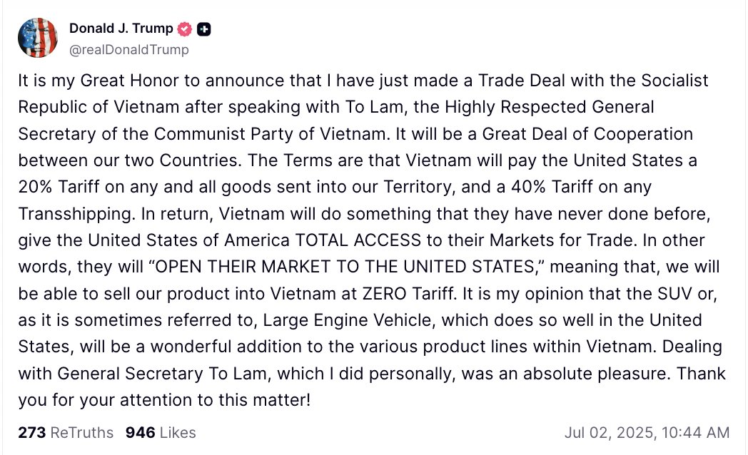 🚨 BREAKING : Trump annuncia nuove tariffe per il Vietnam: 20% su tutte le merci e 40% sul transshipping.