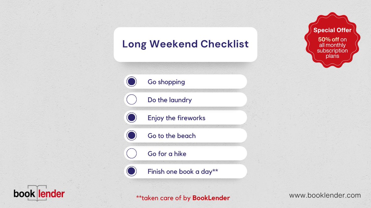 BookLenderCom's tweet photo. Here’s my long weekend checklist: groceries, fireworks, beach time, and well, completing a book a day, courtesy of BookLender.

Because the only thing better than a day off is finishing a novel during it.

#booklovers #books #booklender #longweekend https://t.co/B0lCxQcwH7
