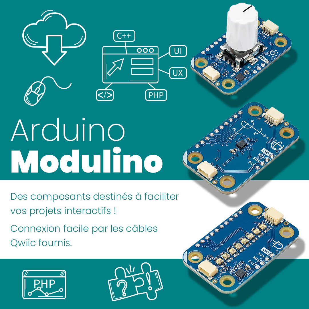 🆕 Découvrez <a href="/arduino/">Arduino</a> Modulino 🧩
Une façon simple et ludique de se lancer dans l’électronique et la programmation ! 👩‍💻👨‍💻

🔹 Des petits modules prêts à l’emploi, à brancher et à programmer
🔹 Idéal pour les débutants, les curieux, et les plus jeunes… 

Avec #Modulino, pas